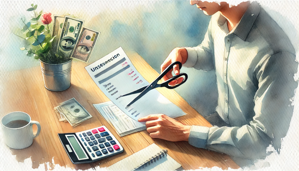 person carefully reviewing financial documents, cutting unnecessary expenses with scissors