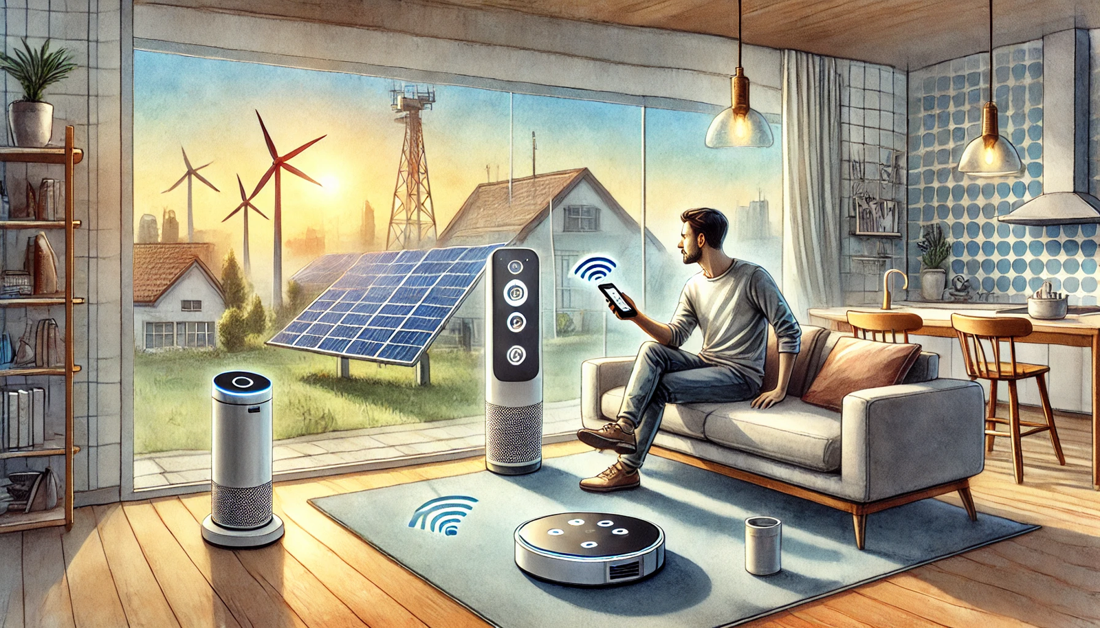 A watercolor painting of a man enjoying the benefits of a smart home.