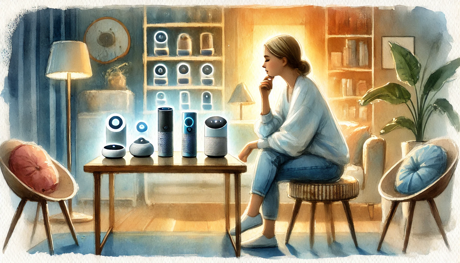 a person thoughtfully considering their choices while selecting a home assistant device