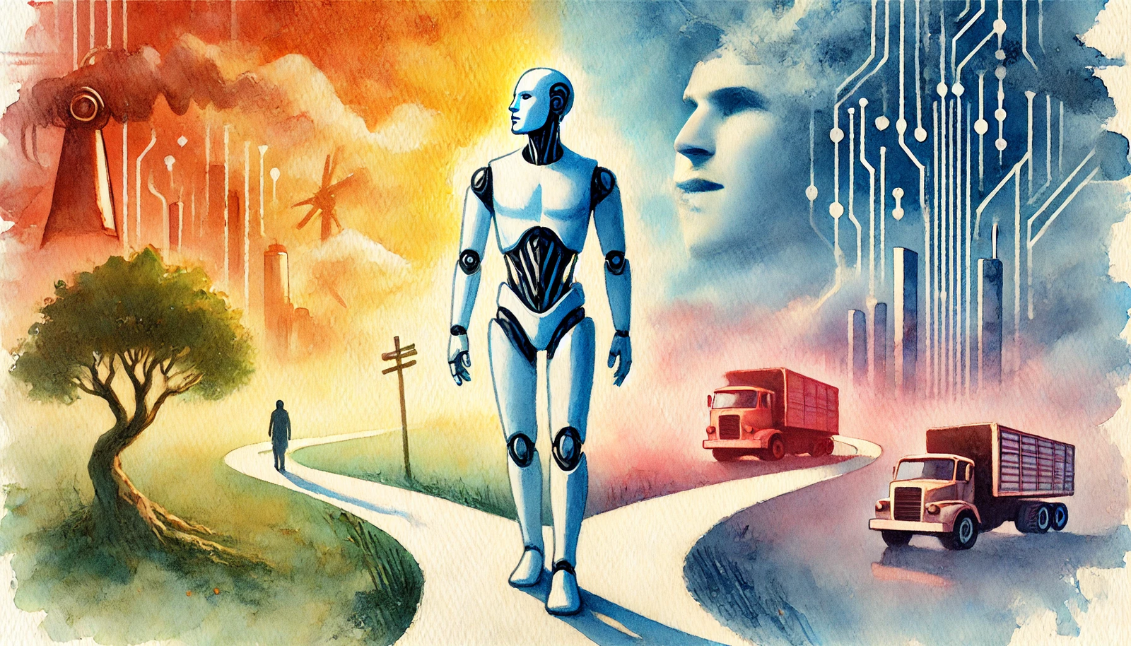 humanoid robot standing at a crossroads,