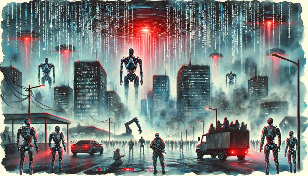 futuristic cityscape with AI-controlled machines and robots dominating the streets.